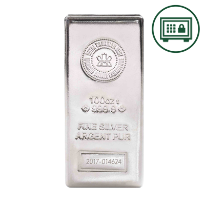 A picture of a 100 oz. Royal Canadian Mint Silver Bar - Secure Storage
